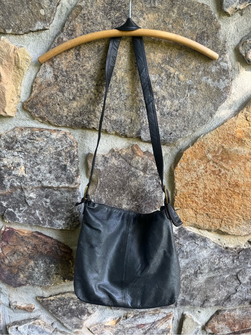 Classic Black Leather Shoulder Bag Minimalist 90s Brass Hardware